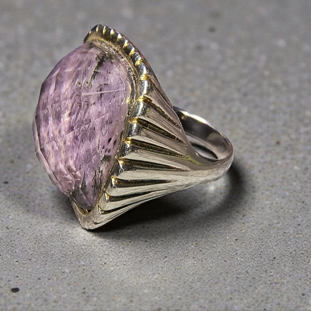 Vintage Very Large Charoite, Clear Quartz And Sterling Silver Doublet Ring